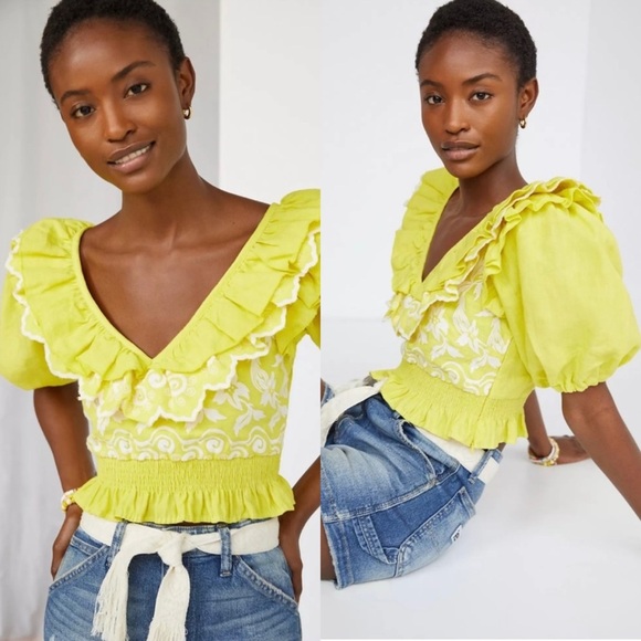 Anthropologie Place Nationale Butter Yellow Ruffle Linen Blouse Boho Embroidered - Picture 1 of 10